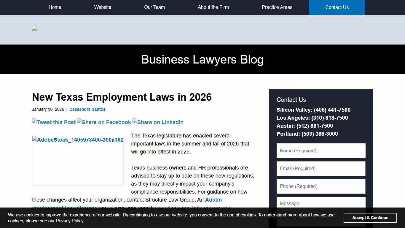 New Texas Employment Laws in 2026 — Business Lawyers Blog — January 30, 2026