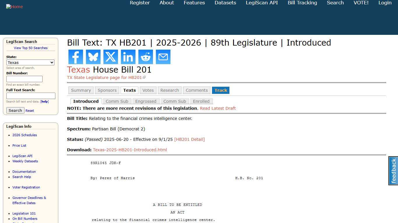 Bill Text: TX HB201 2025-2026 89th Legislature Introduced LegiScan