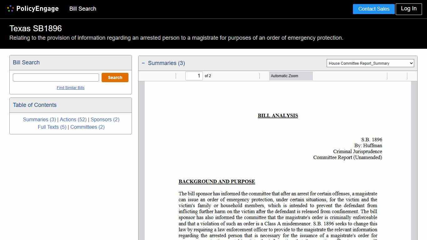 SB1896 Texas 2025-2026 Relating to the provision of information regarding an arrested person to a magistrate for purposes of an order of emergency protection. - Legislative Tracking PolicyEngage